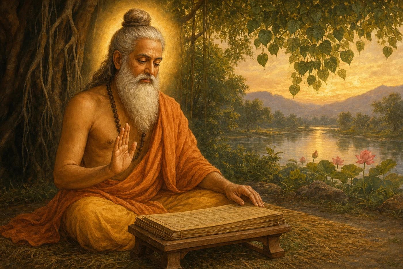 Maharishi Ved Vyas seated beneath a banyan tree at a river hermitage, one hand resting on a palm-leaf manuscript
