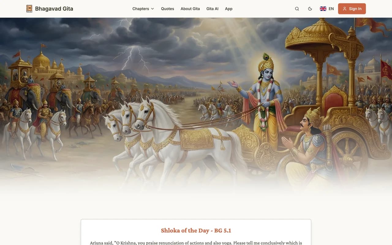 The BhagavadGita.com home page, showing Krishna and Arjuna on the battlefield of Kurukshetra