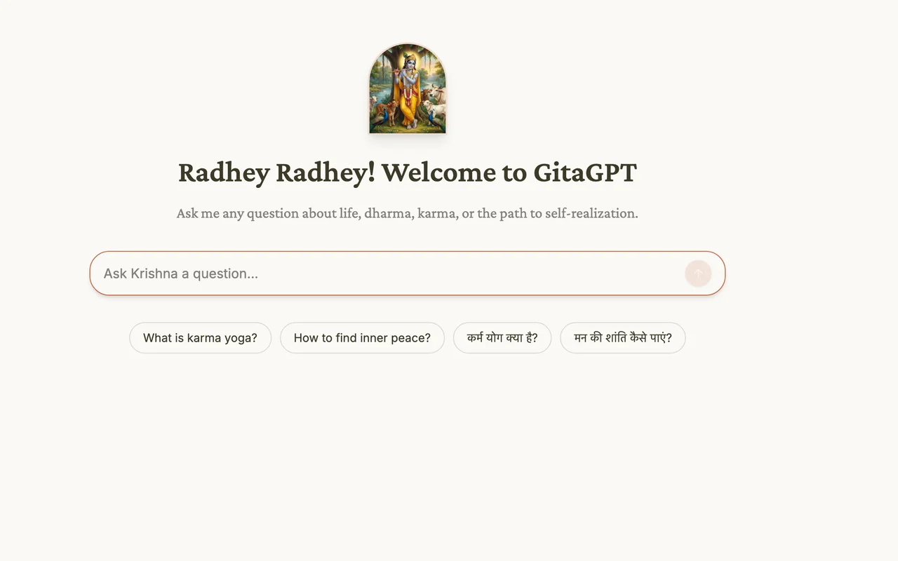 The GitaGPT chat screen inviting a question about life, dharma or karma
