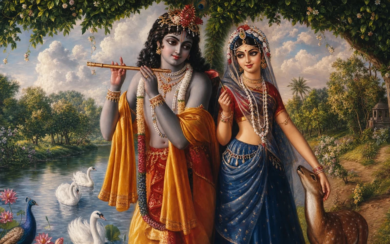 A devotional painting of Shri Radha and Shri Krishna beside the Yamuna, Krishna playing the flute